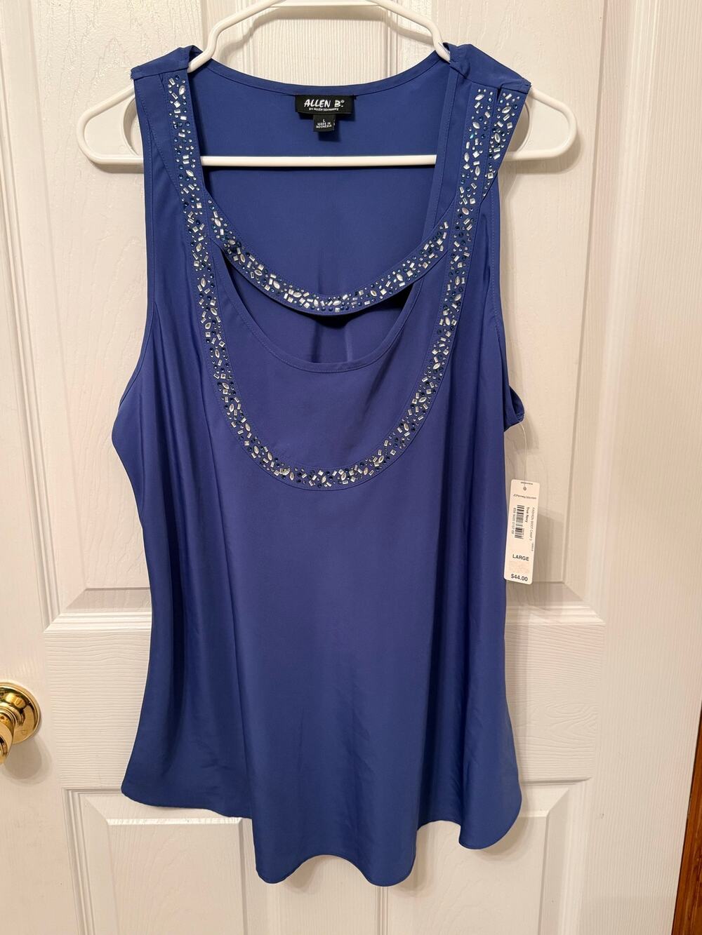 Allen B. tank top blue sleeveless double scoop neck adorned with silver beads.